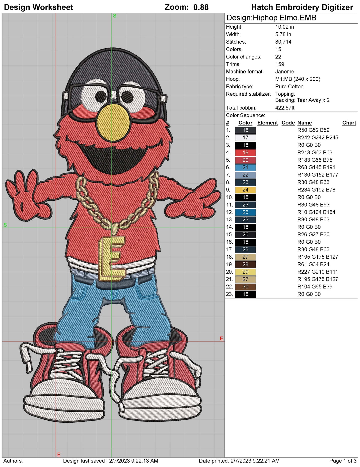 Hip Hop Elmo 10inch Embroidery File